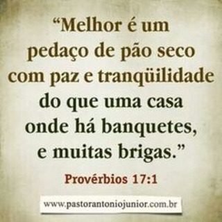 Melhor é um pedaço de pão seco com paz e tranquilidade do que uma casa onde há banquetes, e muitas brigas.  Provérbios 17:1